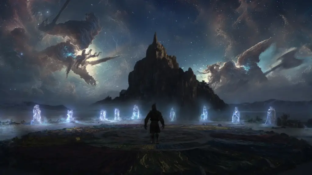 The Hero King walking into a space surrounded by astral spirits in Project Windless.