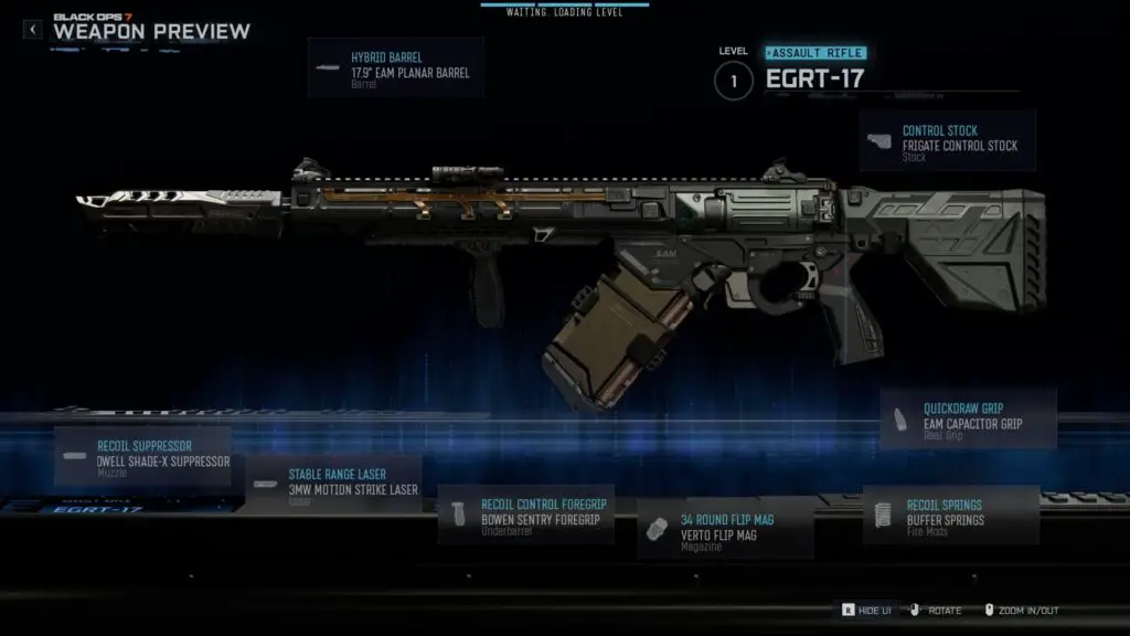 An EGRT-17 assault rifle with a full loadout of the best attachments