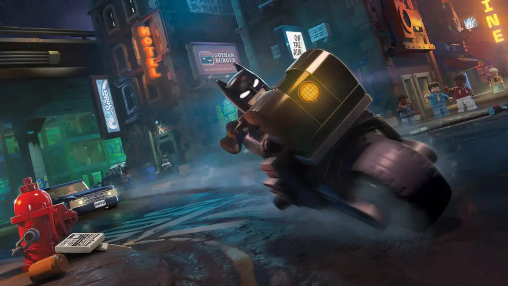 A screenshot from Lego Batman, showing Lego Batman on a motorbike