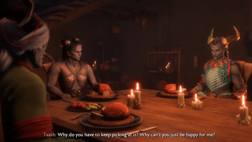 Taash asks their mother why she has to keep picking at their gender identity in Dragon Age: The Veilguard.