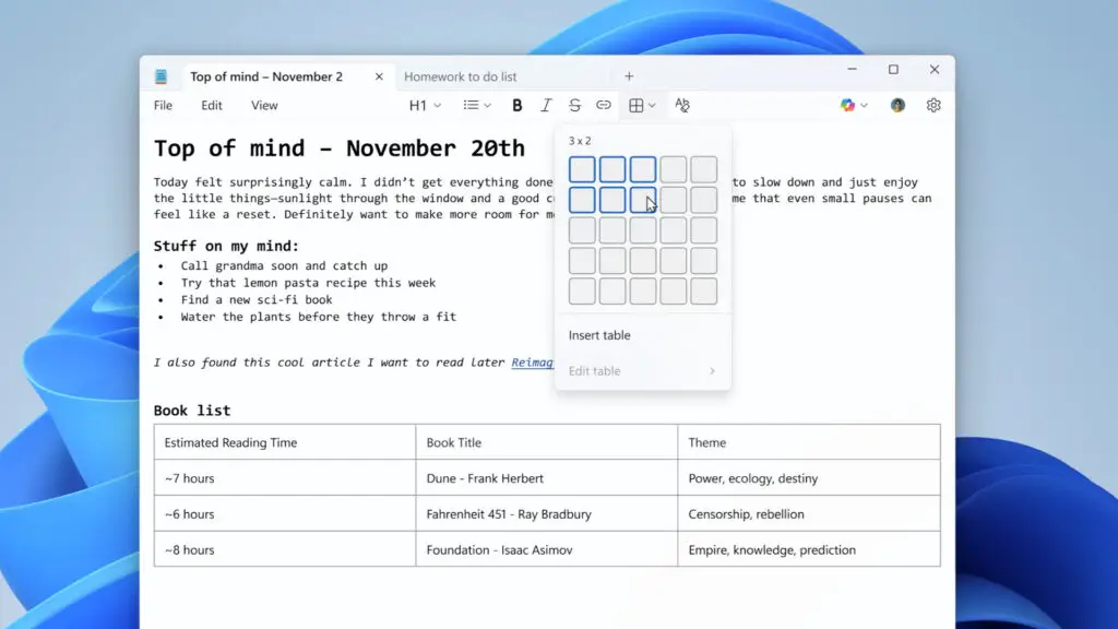 A screenshot of Windows Notepad, demonstrating the use of tables, as created by Microsoft