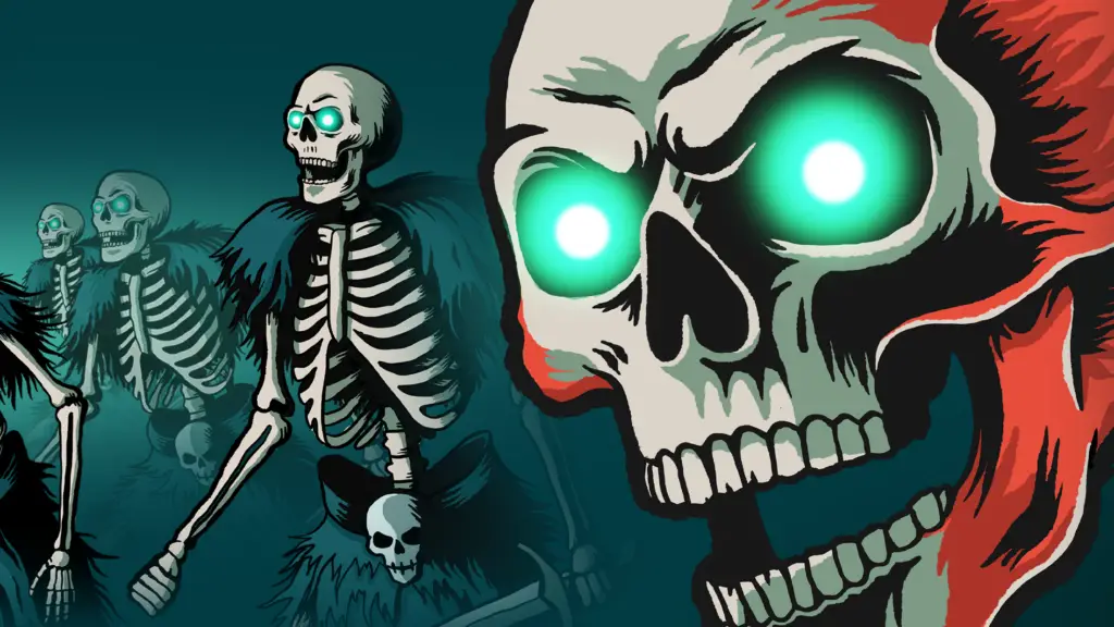 A magical floating skull with skeleton warriors in Skull Horde.