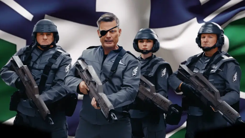 Johnny Rico doing a promo video for Starship Troopers: Ultimate Bug War