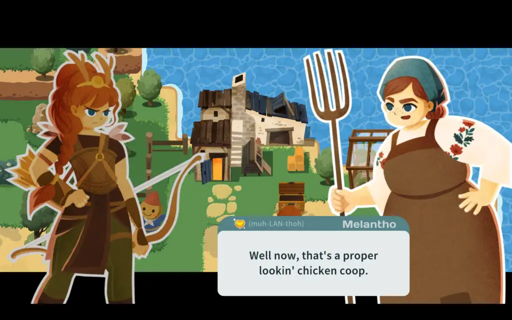 Artemis talking to a farmer in Mythmatch.