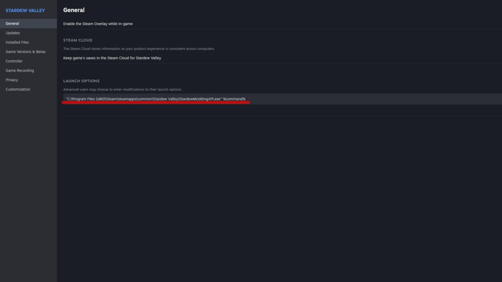 The Steam properties window for Stardew Valley showing editing startup text