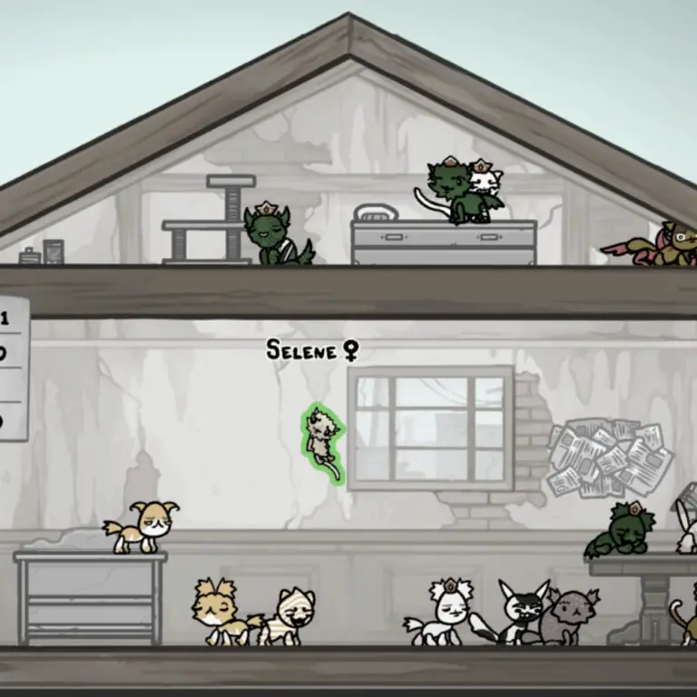 Mewgenics breeding tips: A player holding a kitten called Selene as they move them from the attic to the ground floor.