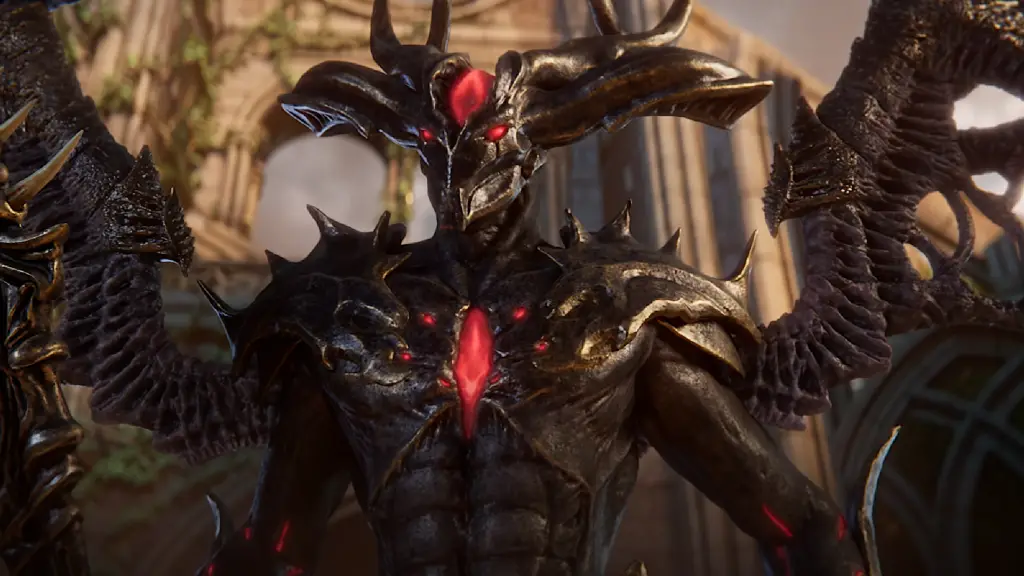 A cinematic shot of a wide-horned demon from the Ashes of Creation trailer, symbolizing the project's ambitious but troubled development.
