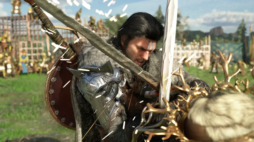 Crimson Desert - Kliff crosses blades with an enemy, looking strained, while wearing another sword and shield on his back