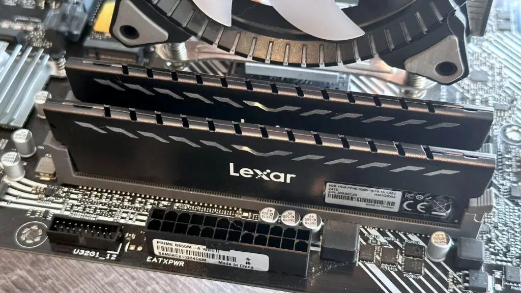 A photo of a Lexar dual-channel DDR4 RAM kit, installed in a motherboard.