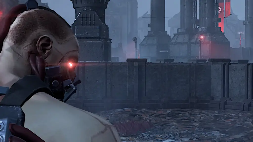 A Radical cyborg in Helldivers 2 looks menacingly over its shoulder.