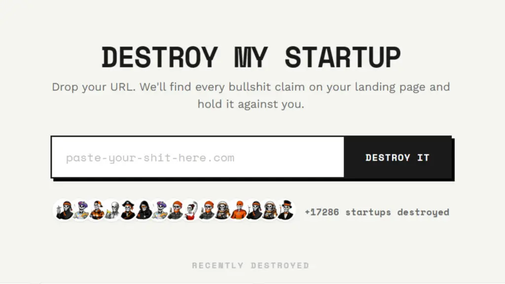 A screenshot from a webpage on shipordie.club showing a prompt box for URLs that an AI will then "roast"
