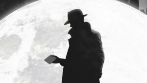 A noir detective silhouetted against a large glowing moon in Obsidian Moon.