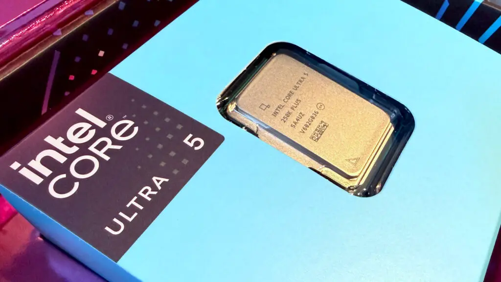A photograph of Intel's Core Ultra 5 250K Plus processor inside the retail packaging