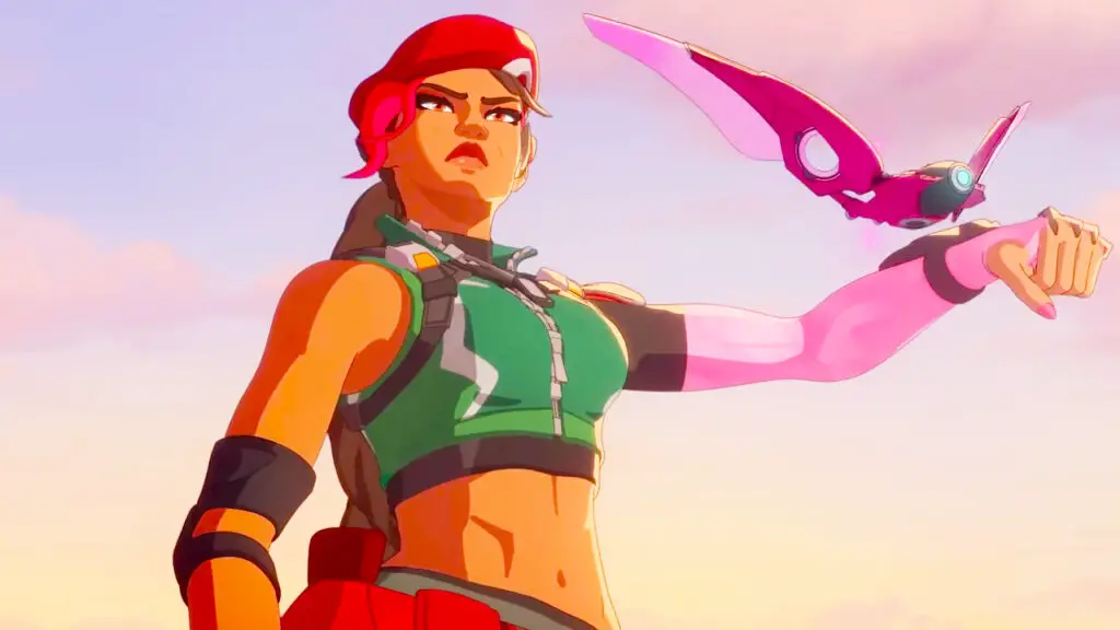 A screencap of the hero trailer for Overwatch's new hero Sierra. A woman wearing a red beret and a green vest holds out her arm as a pink drone lands on her wrist. She looks on with a frown.