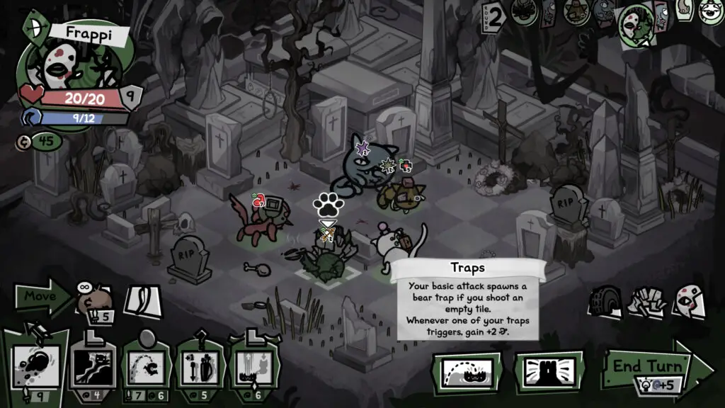 Mewgenics Dybbuk: A player inspecting the Traps passive while fighting Dybbuk in a graveyard.