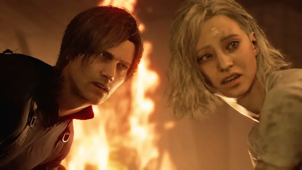 Leon and Grace standing amidst intense flames in Resident Evil Requiem