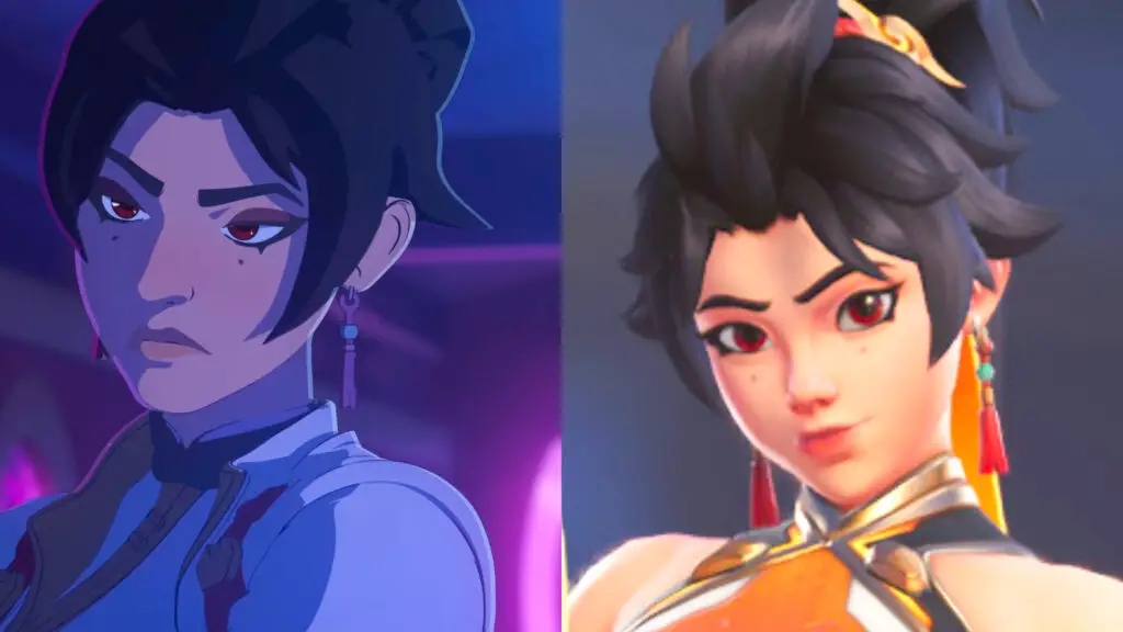 A side by side comparison of Overwatch hero Anran as depicted in the Elemental Kin short and in-game. A dark-haired Chinese woman with red eyes looks unhappy on the left. On the right, her in-game model is brighter, with a smaller nose, and an overall younger-looking face.