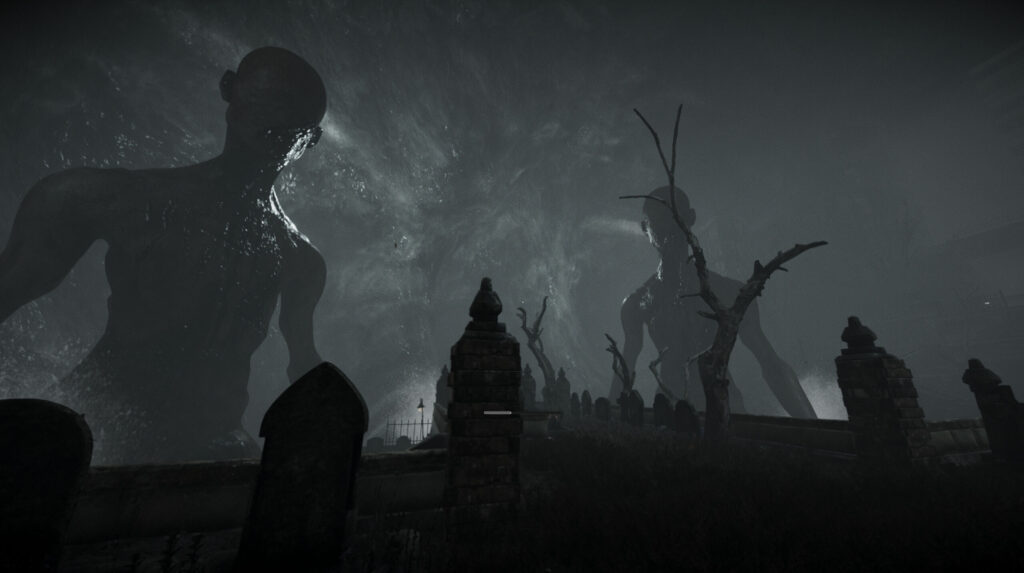 Large, humanoid creatures stand in silhouette over a graveyard inside what appears to be a cave.