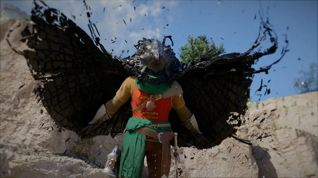 Crimson Desert: A close-up of Kliff flying down from a cliff while in bird form.