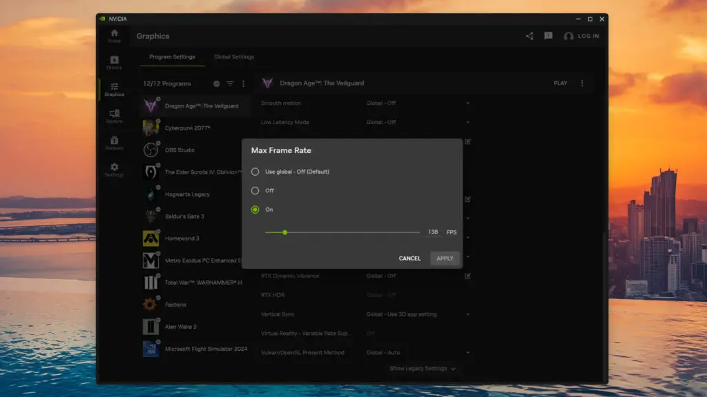 A screenshot of the Nvidia App performance settings showing frame rate limiting options