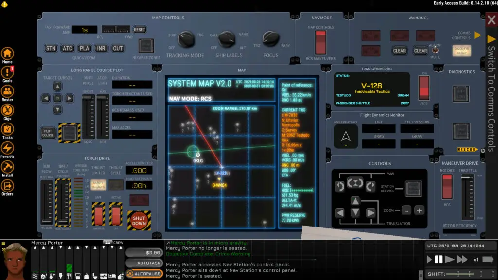 Ostranauts navigation and System Map console, showing a series of technical switches, gauges, and meters.