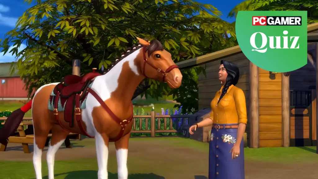 The Sims 4 horse expansion - A brown and white paint horse standing beside its owner.