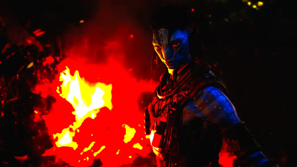 Avatar Frontiers of Pandora screenshot showing a Na'vi character in front of fire.