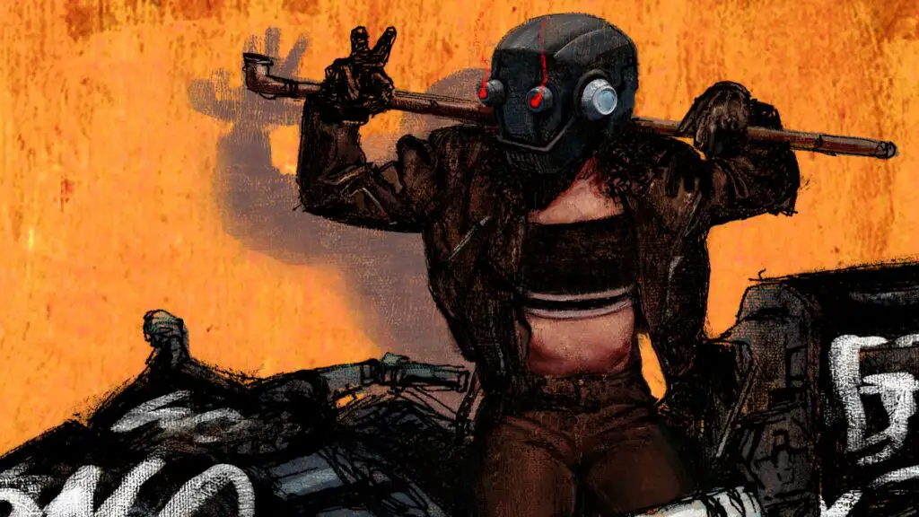 Cyberpunk racer with metal helmet glowing red eyes leaning on bike holding iron pipe in Airframe Ultra.