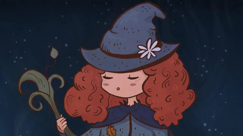 Songs of Glimmerwick key art - A witch with curly red hair wears a pointy hat and closes her eyes while singing to a plant