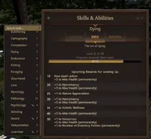 A depiction of the Dying skill in Project: Gorgon.