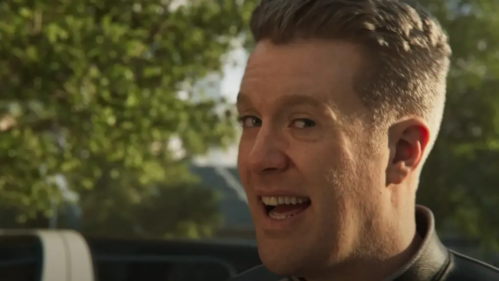 The Helldivers 2 spokesperson with a satirical grin before a Terminid attack.