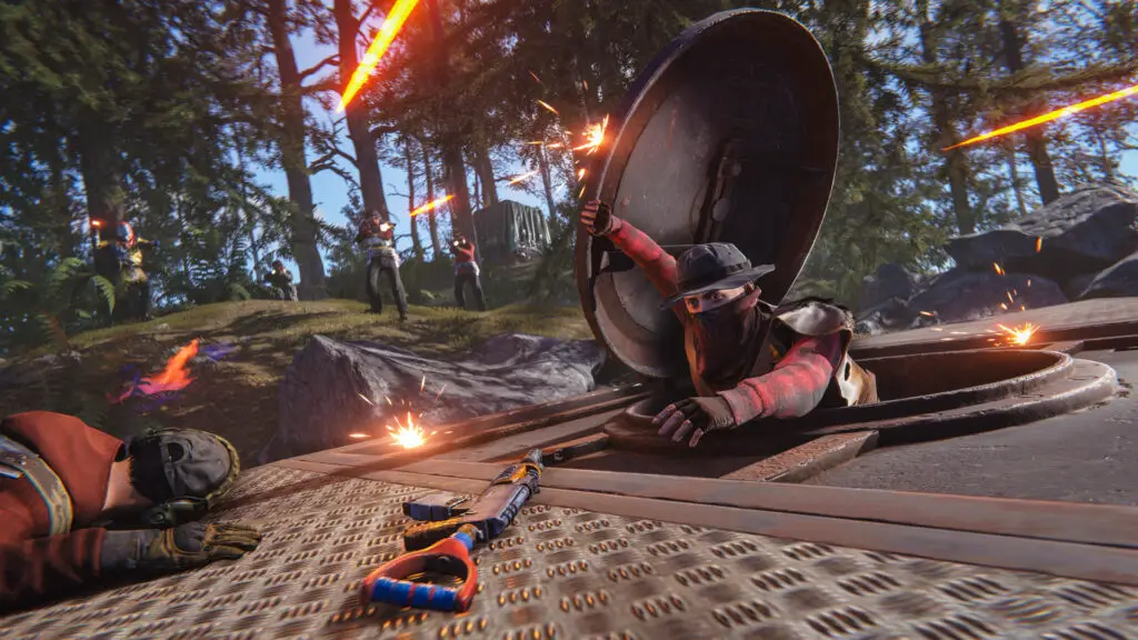 Using a ladder hatch as a shield in Rust.