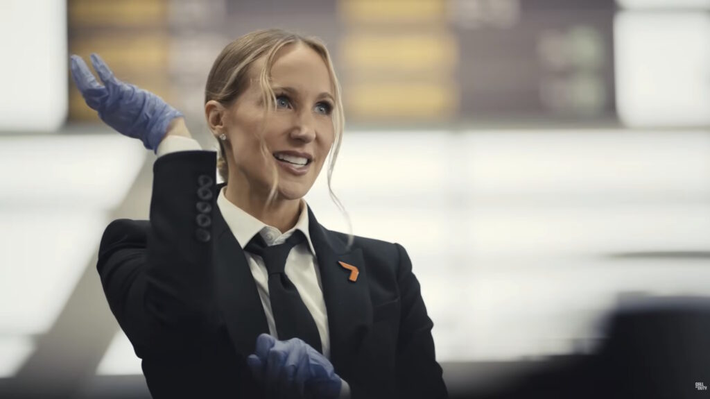 Call of Duty: Black Ops 7 Airport Security ad still: Time for the puppet show