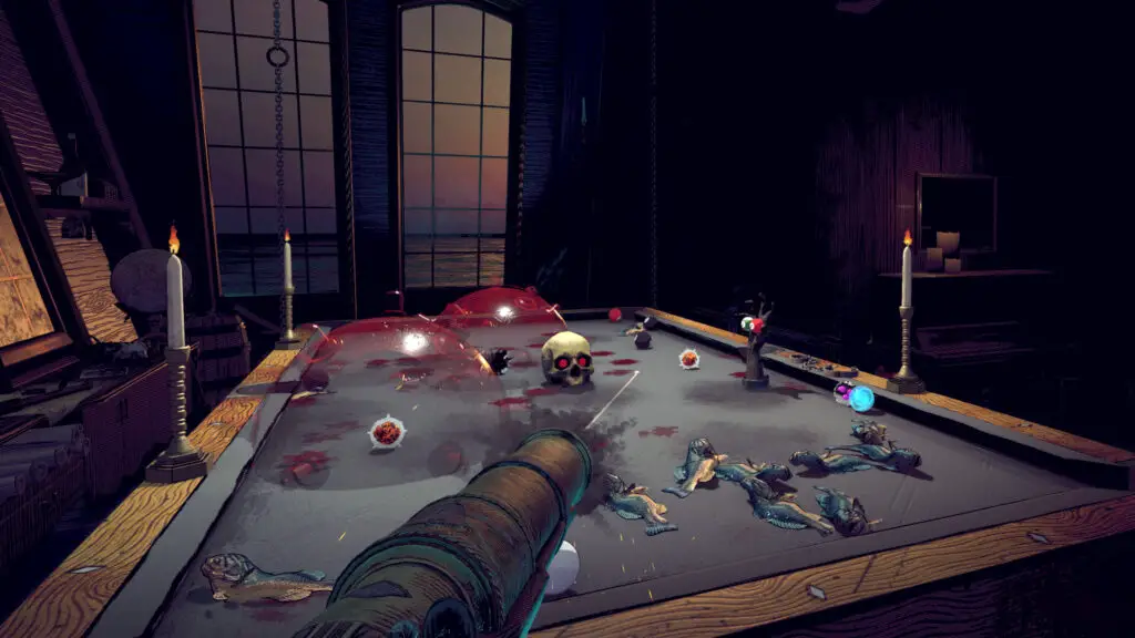 Firing a gun at the table in Pool of Madness.