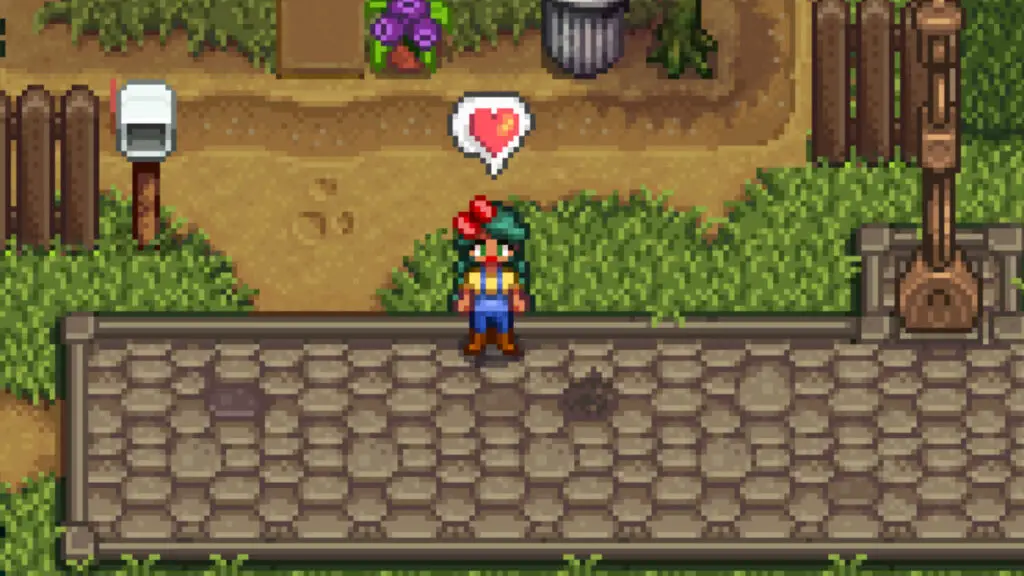 Stardew Valley - A farmer standing on a sidewalk during a sunny day with a heart emoji over her head