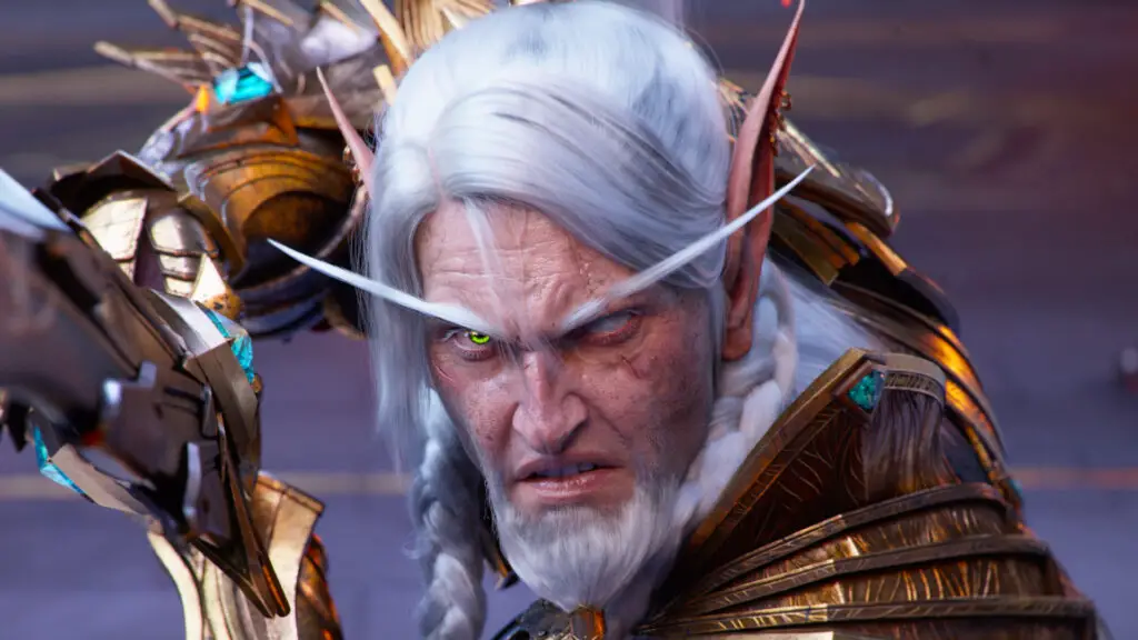 A grey-haired elven warrior in golden plated armor from the World of Warcraft: Midnight announcement trailer.