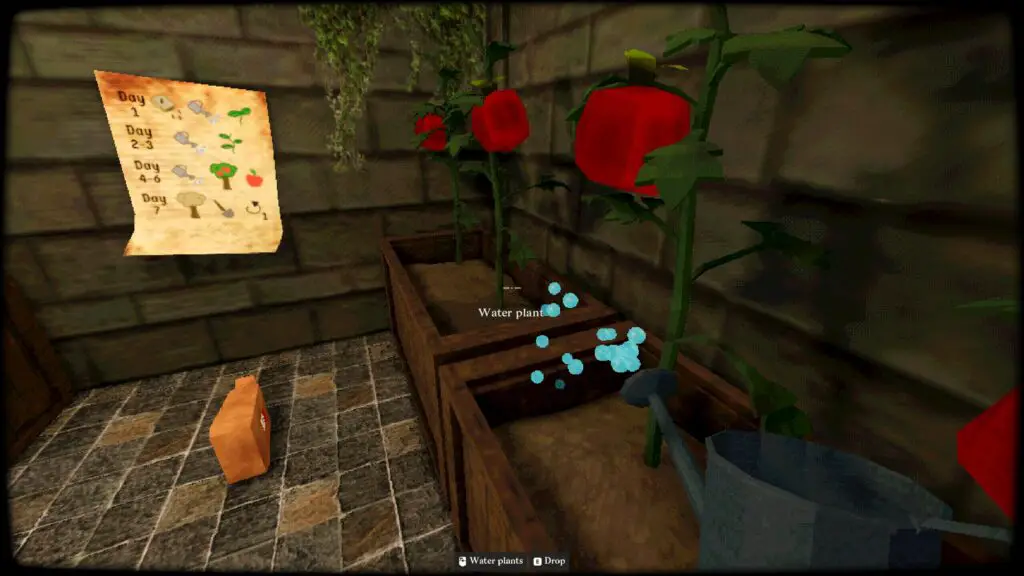 A watering can watering tomato plants in a dungeon cell