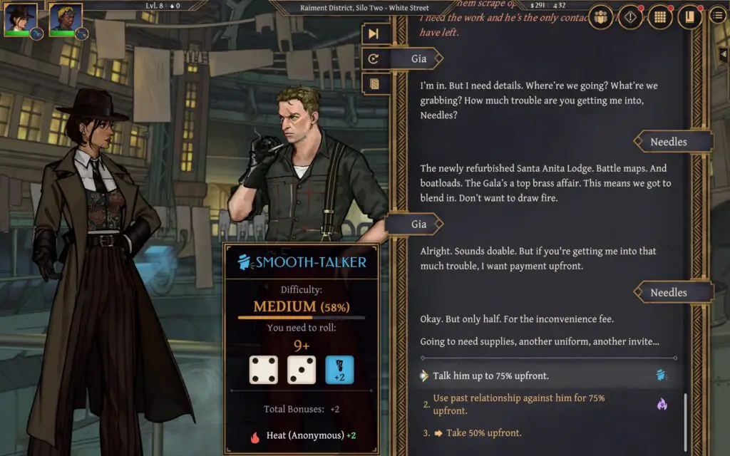 Gia considers whether to take a Smooth-Talker skill check to bargain up a fee