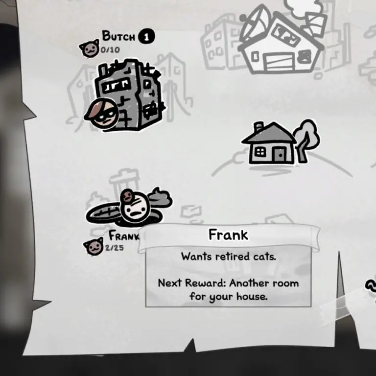 Mewgenics breeding guide: A zoomed-in screenshot of the map, showing Frank's upgrades.