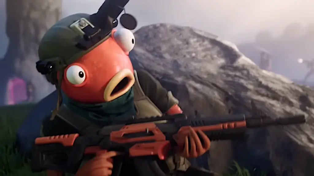 A character from Fortnite looks shocked.