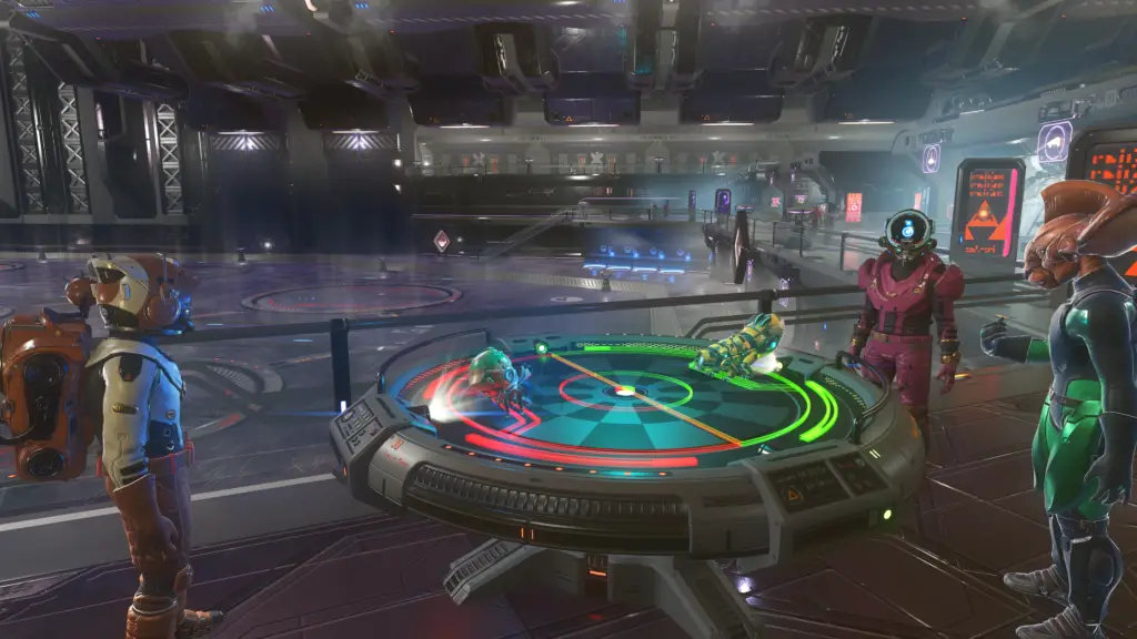 Creature trainers stand around a holo-arena in No Man's Sky.