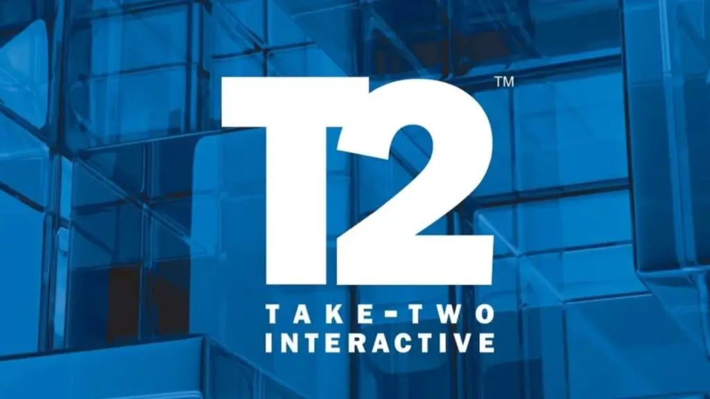 The Take-Two Interactive logo displayed on an abstract blue-glass background.