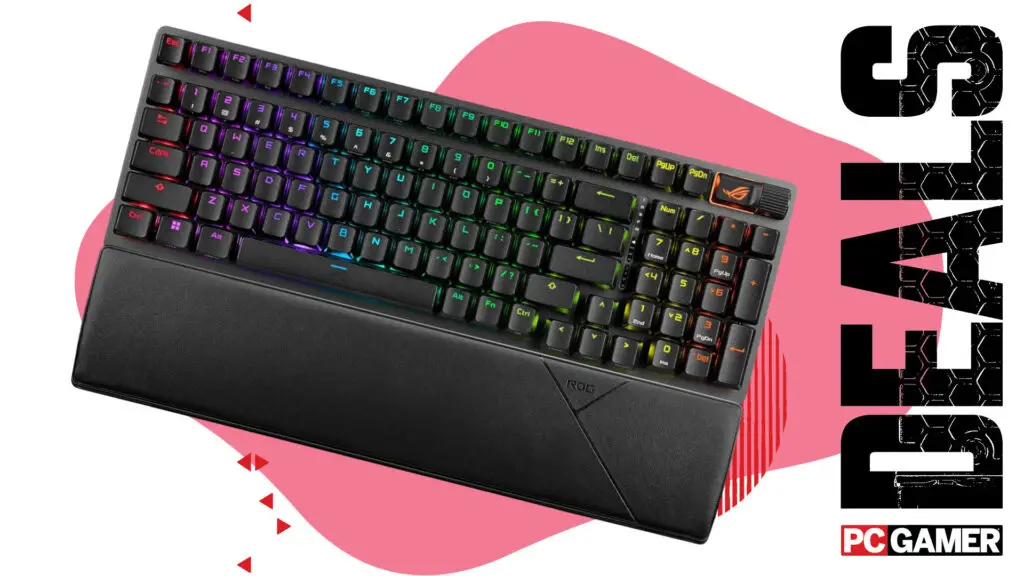 The Asus ROG Strix Scope II 96 Wireless gaming keyboard displayed against a vibrant, tech-themed background.