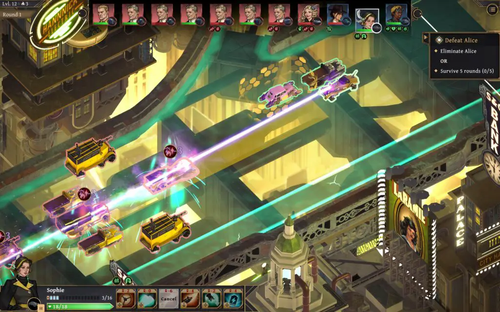 A car fires a beam weapon backwards down a glowing green art deco highway