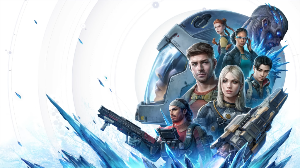 The Expanse: Osiris Reborn key art showing the game's main cast arranged on white field with blue crystals underneath.