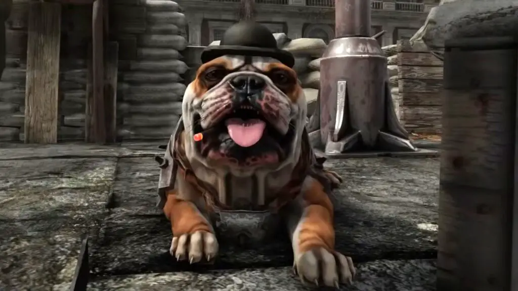 A British bulldog wearing a bowler hat and enjoying a cigar, representing the Fallout: London aesthetic.