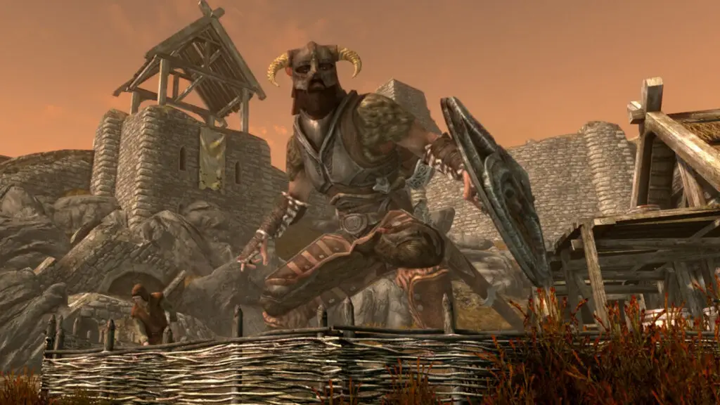 Skyrim gameplay showcasing a modded Dragonborn using console commands in Whiterun.