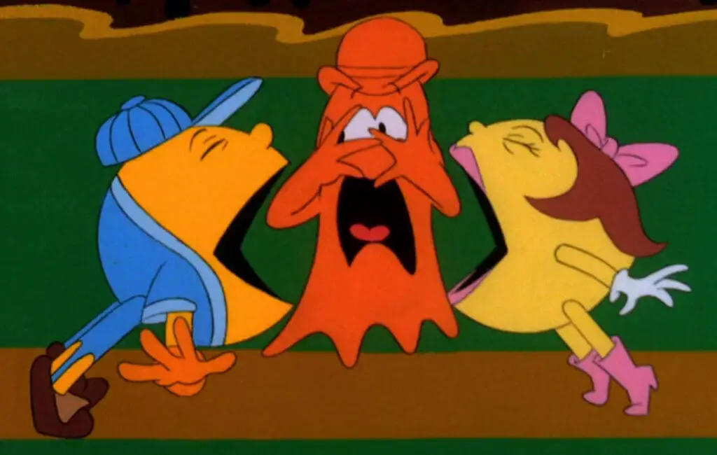 Pac-Man and Ms. Pac-Man eating a ghost