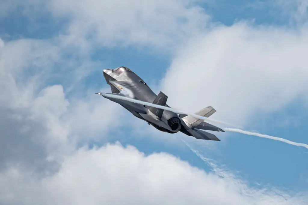 RAF F-35B fighter jet in flight.
