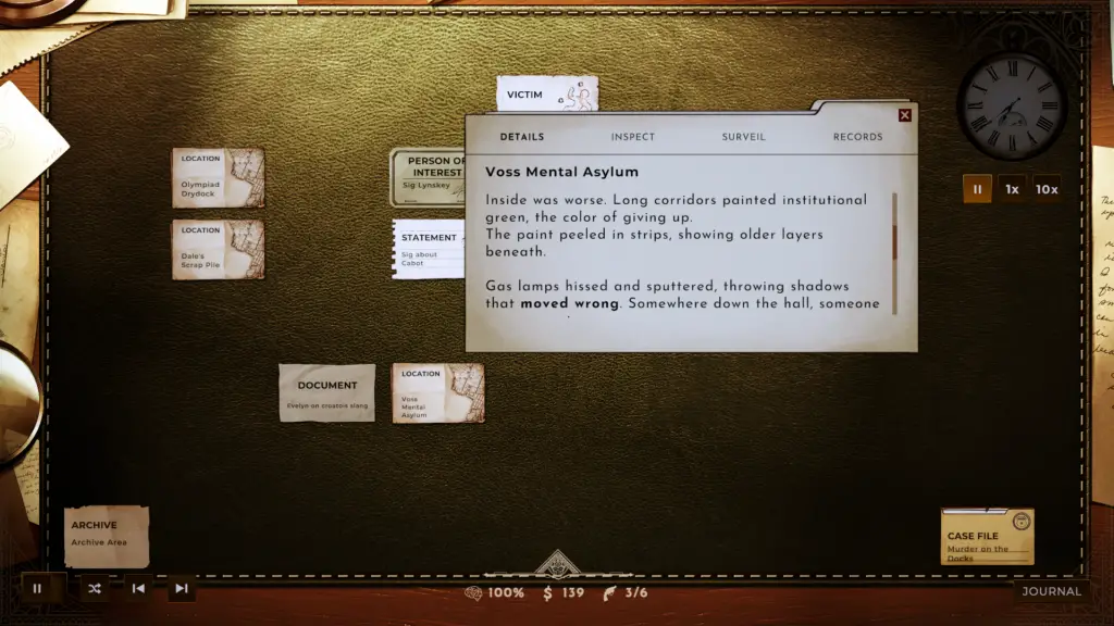 Close-up of case files and photographs in Obsidian Moon.